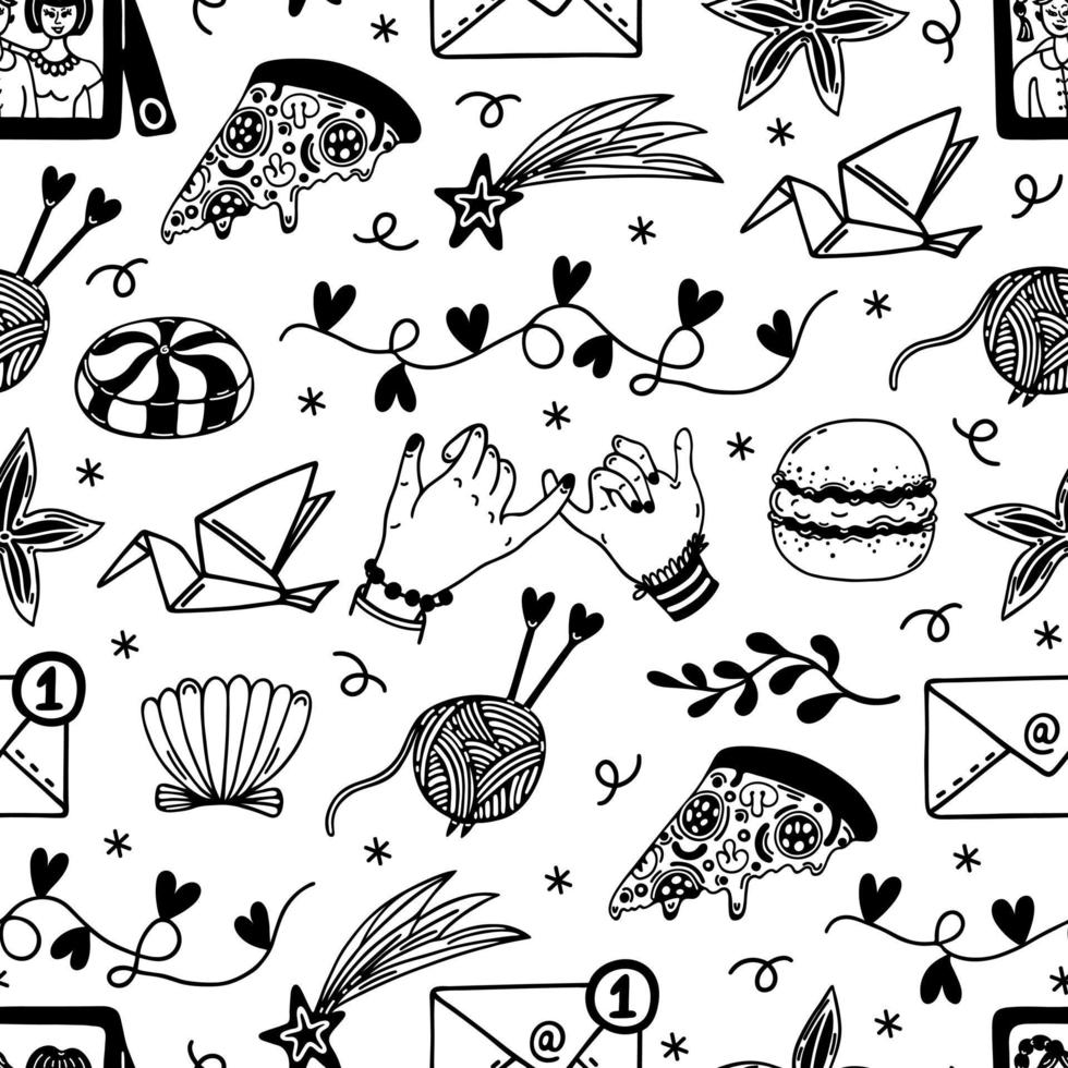 Friendship seamless vector pattern. Best friends, family, team. Symbols of good relations crossed pinky, photo, pizza, hobby, support. Hand drawn doodles, outline. Background for cards, wallpaper