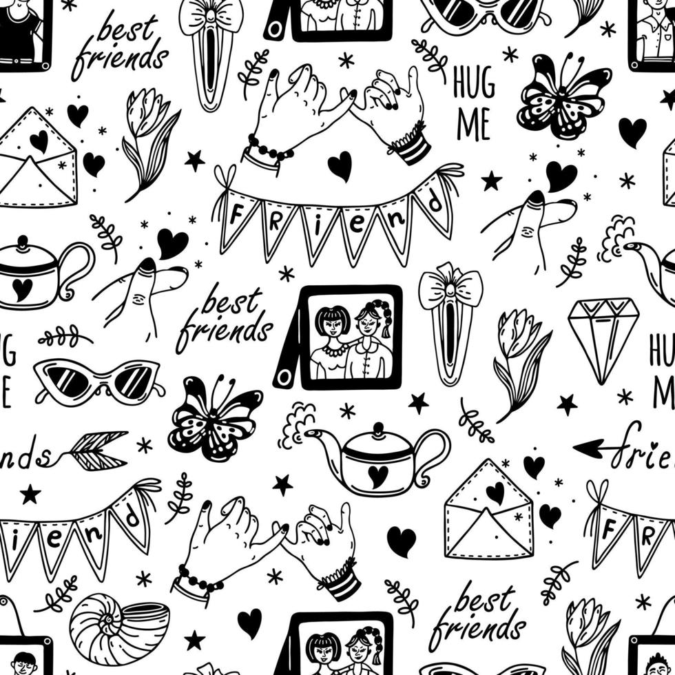 Friendship seamless vector pattern. Friends, family, colleagues. Symbols of good relations - photos, hugs, crossed pinky, letters. Teenage boys, girls. Hand drawn doodles. Background for cards, prints