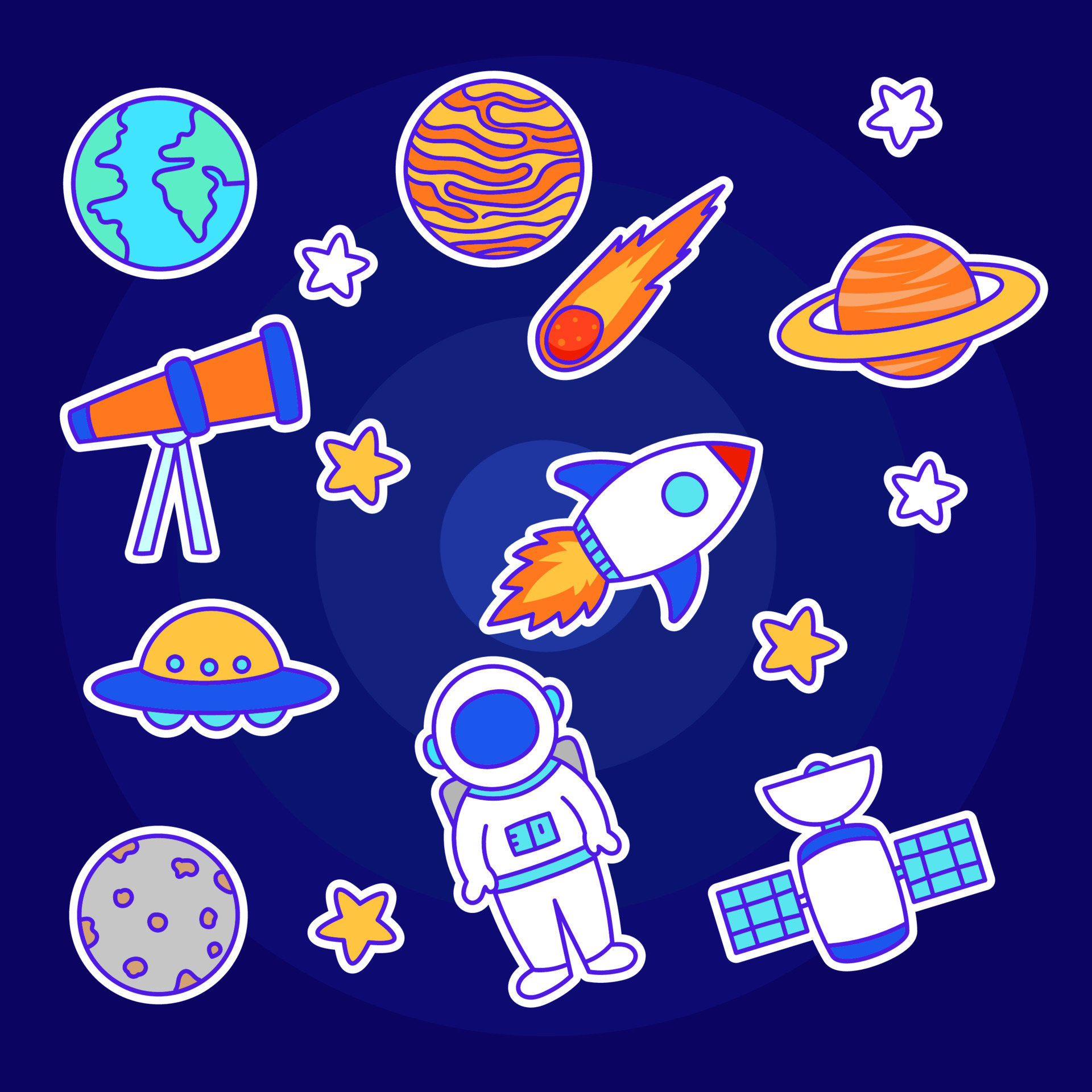 Set of space and astronomy vector illustrations with a colorful hand-drawn  style on dark blue background 17128718 Vector Art at Vecteezy