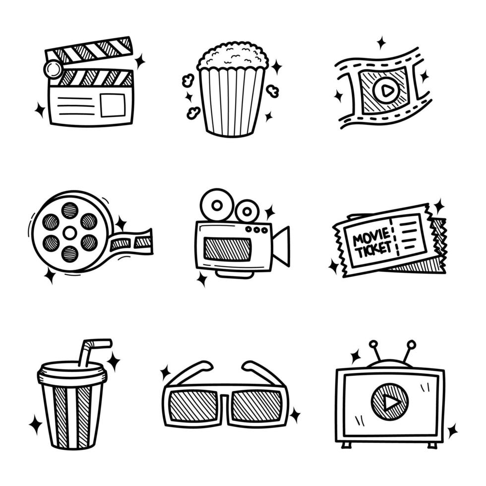 Set of movie doodle illustrations with cute hand-drawn style isolated on white background. Movie doodle icons vector