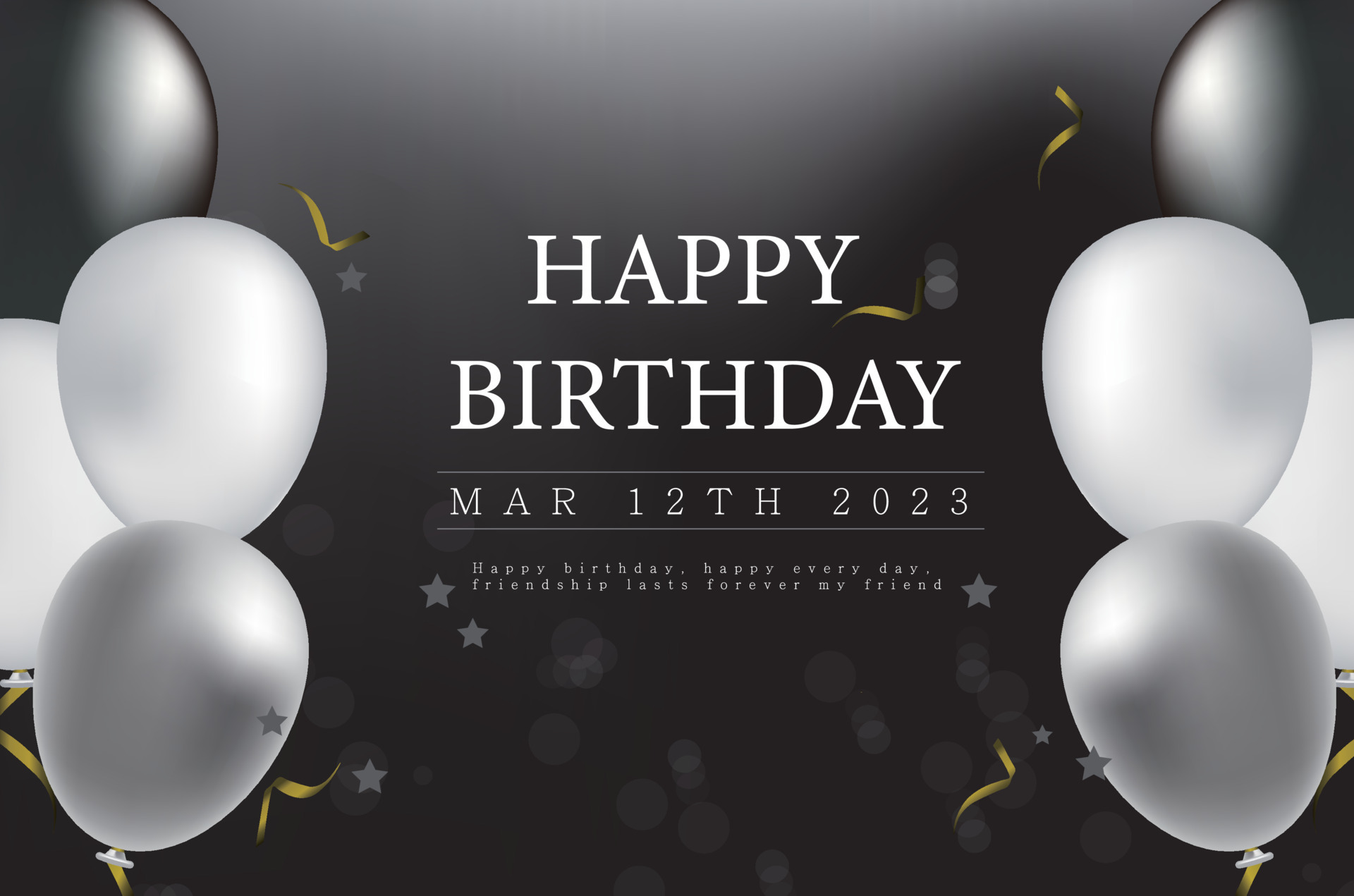 Happy birthday to you with luxury balloons and confetti black and white