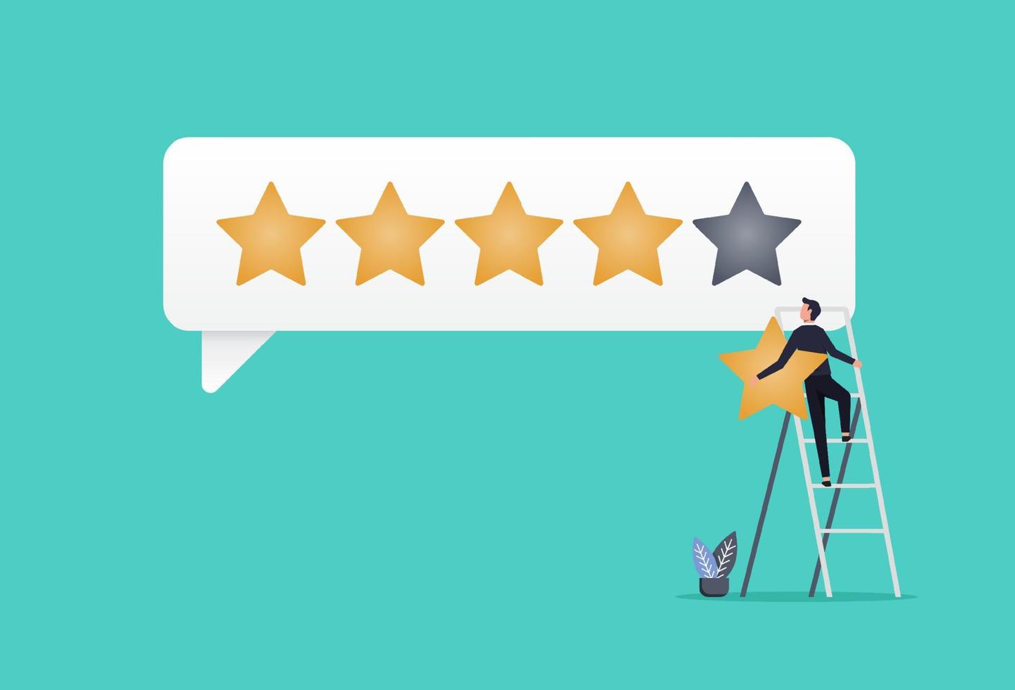 Customer giving 5 stars rating review, reputation and customer feedback, a man climb up ladder to put on best rating vector