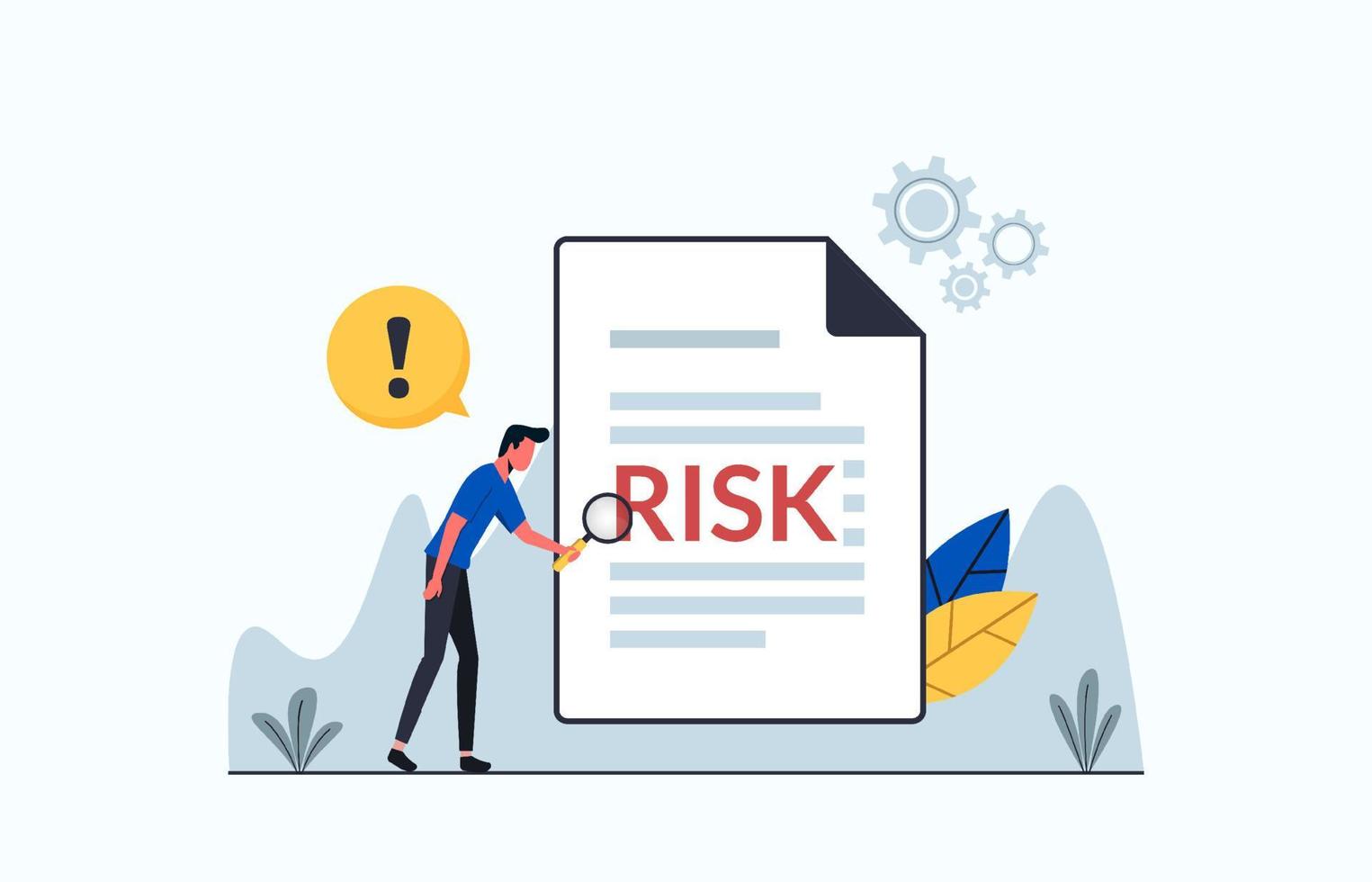 Root cause analysis and solving problems, risk analysis assessment, man with magnifier monitor and investigate incident with exclamation mark vector