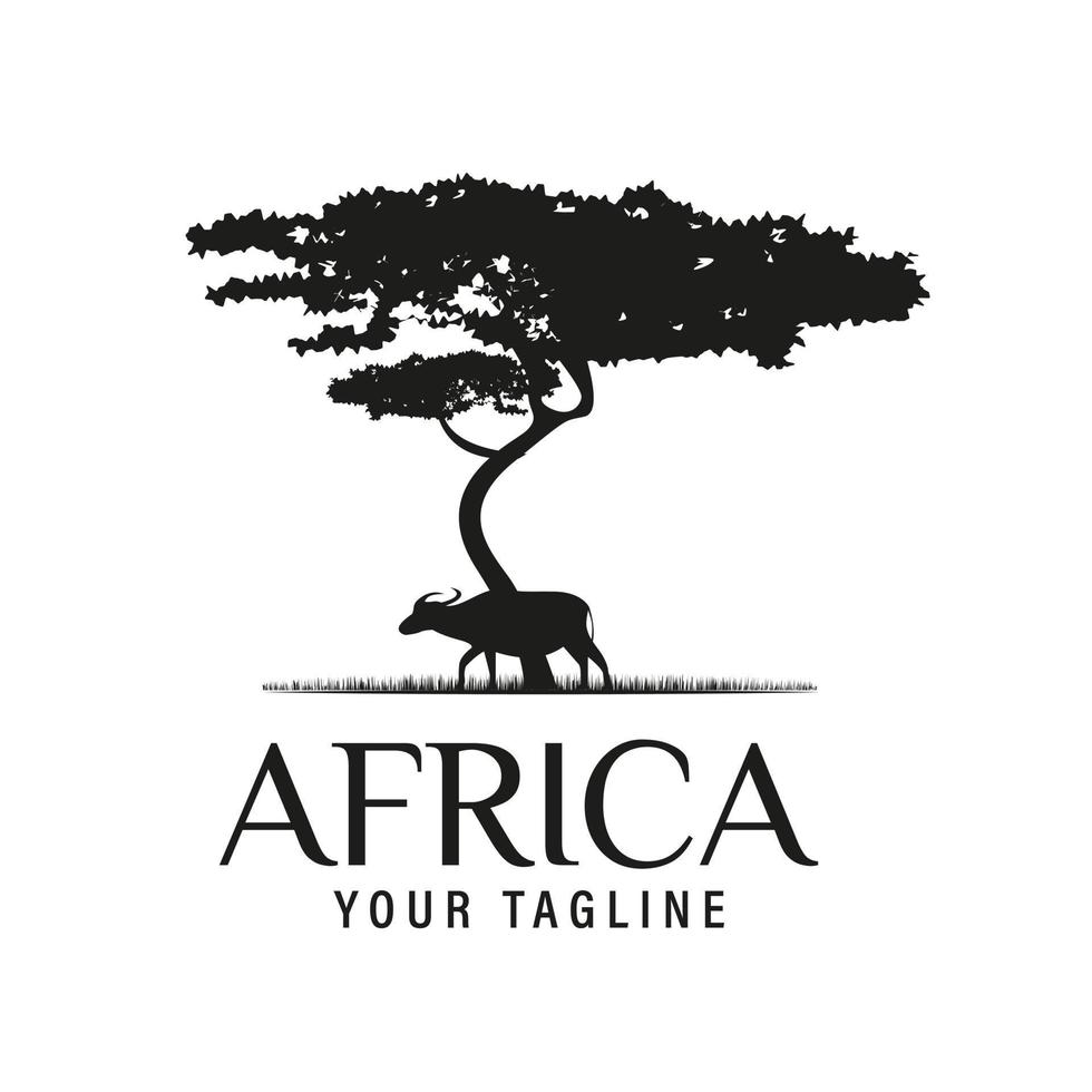 African Acacia Tree with African Buffalo Silhouette for Safari Adventure Logo Design Vector