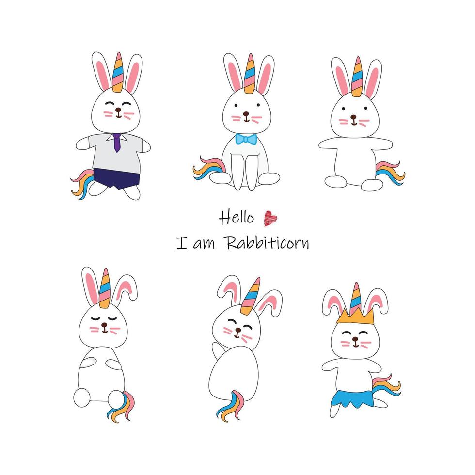 lindo conejo dibujado a mano unicornio dibujos animados vector.animal conjunto de personajes de dibujos animados. vector