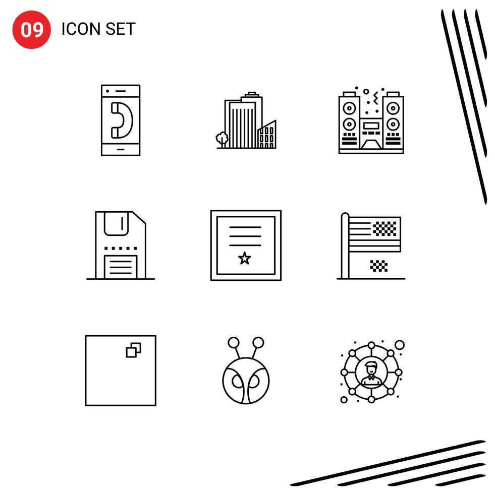 Group of 9 Outlines Signs and Symbols for interface download tower disc party Editable Vector Design Elements