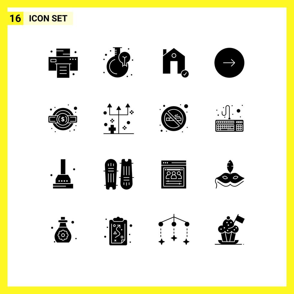 Pack of 16 Modern Solid Glyphs Signs and Symbols for Web Print Media such as gear music check multimedia control Editable Vector Design Elements