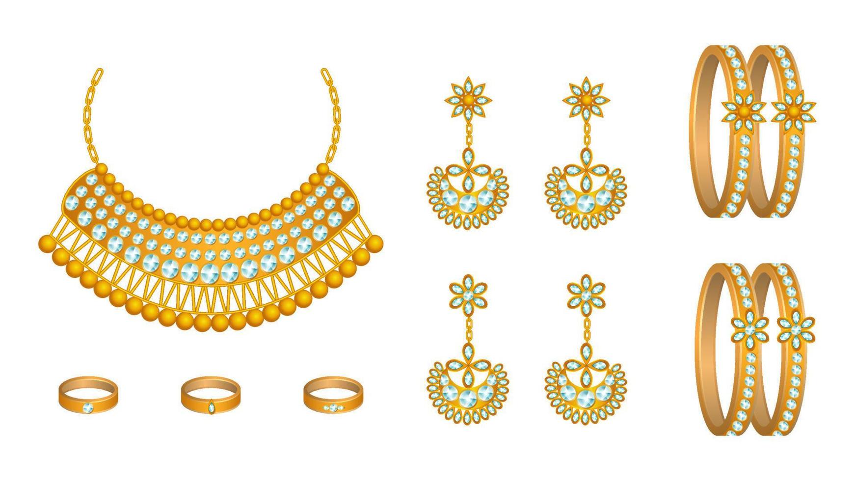 vector of realistic gold jewelry set, realistic vector of necklace, bangles, rings and earrings.