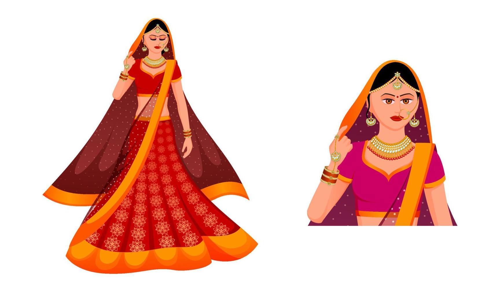 novia india con trajes y joyas tradicionales de boda india. vector de novia india.