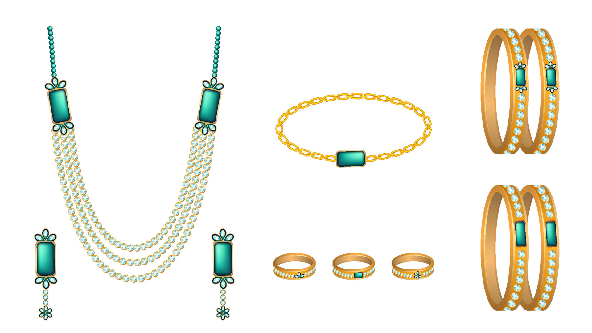 vector illustration of jewelry object set, necklace, bangles, rings, bracelet and earrings