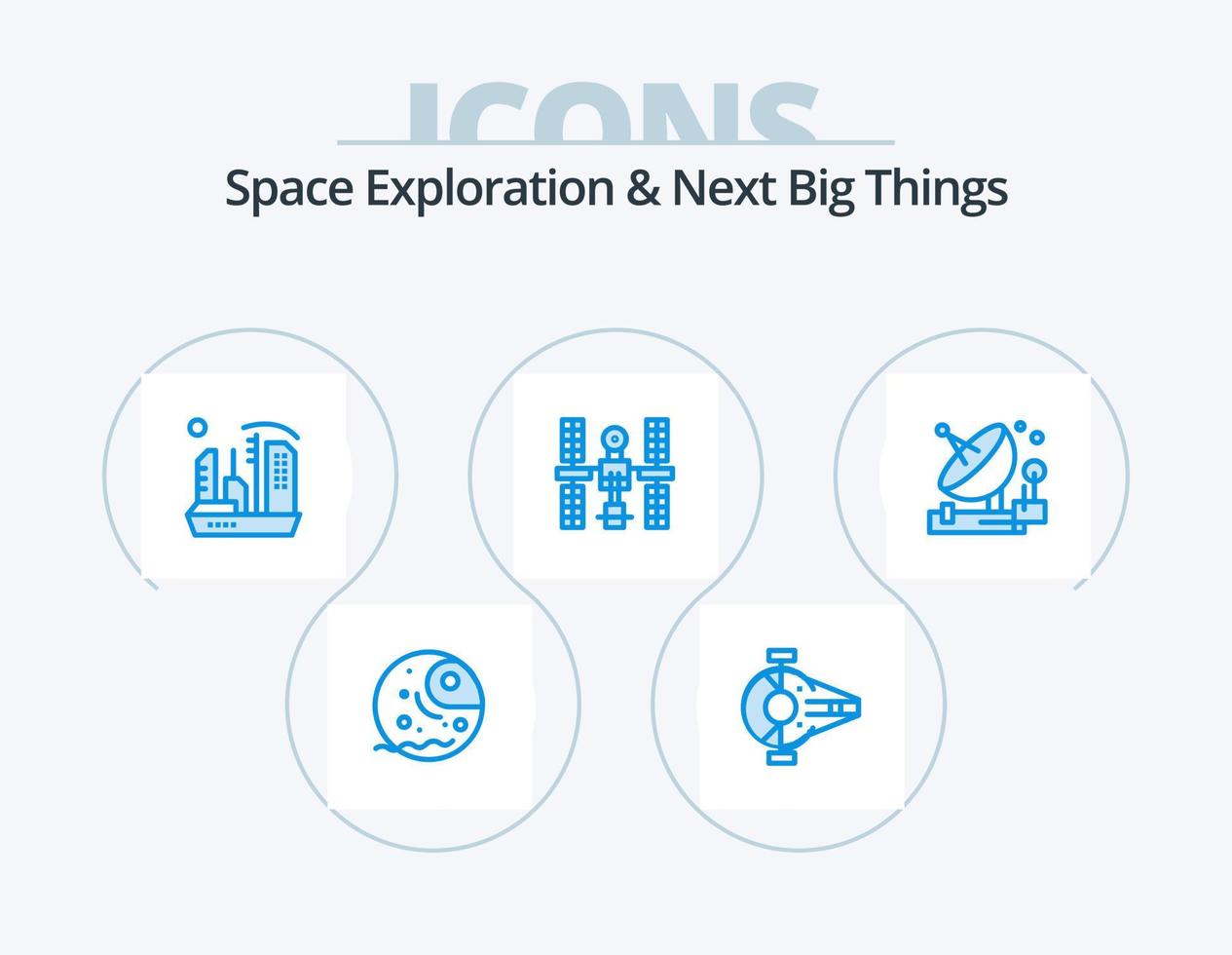 exploración espacial y próximas grandes cosas blue icon pack 5 diseño de iconos. satélite. orbital. astronave. complejo. Hazme vector