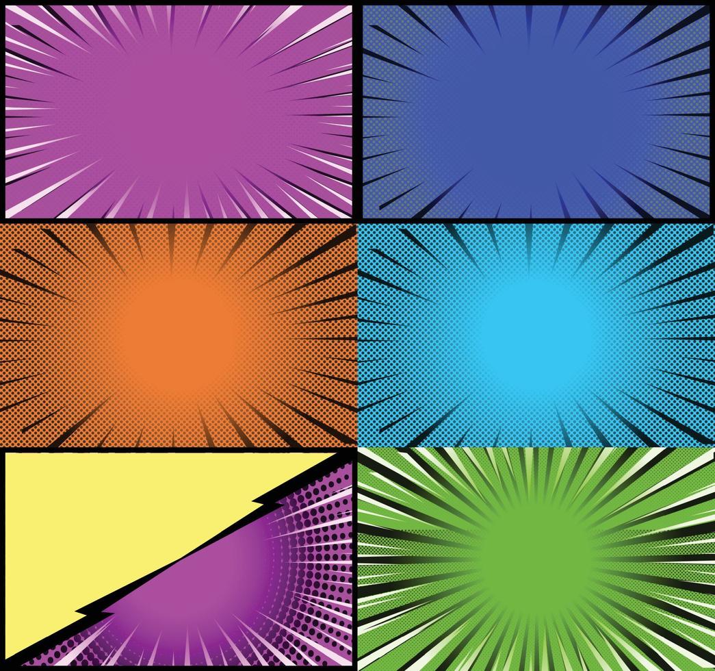 Comic book colorful frames background with halftone rays radial and dotted effects pop art style vector