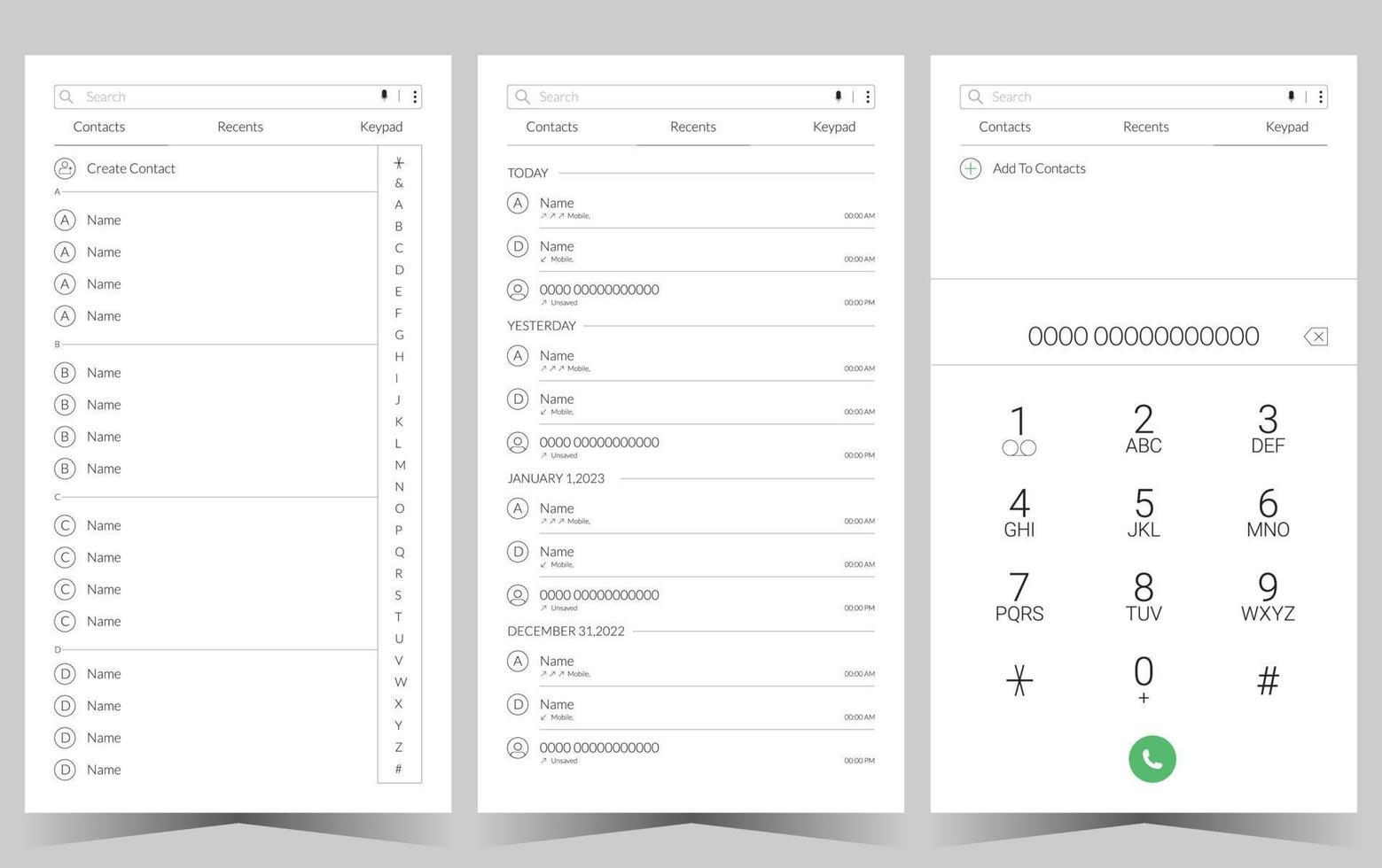 App screen Contacts, Recents, Keypad design UI kit. vector