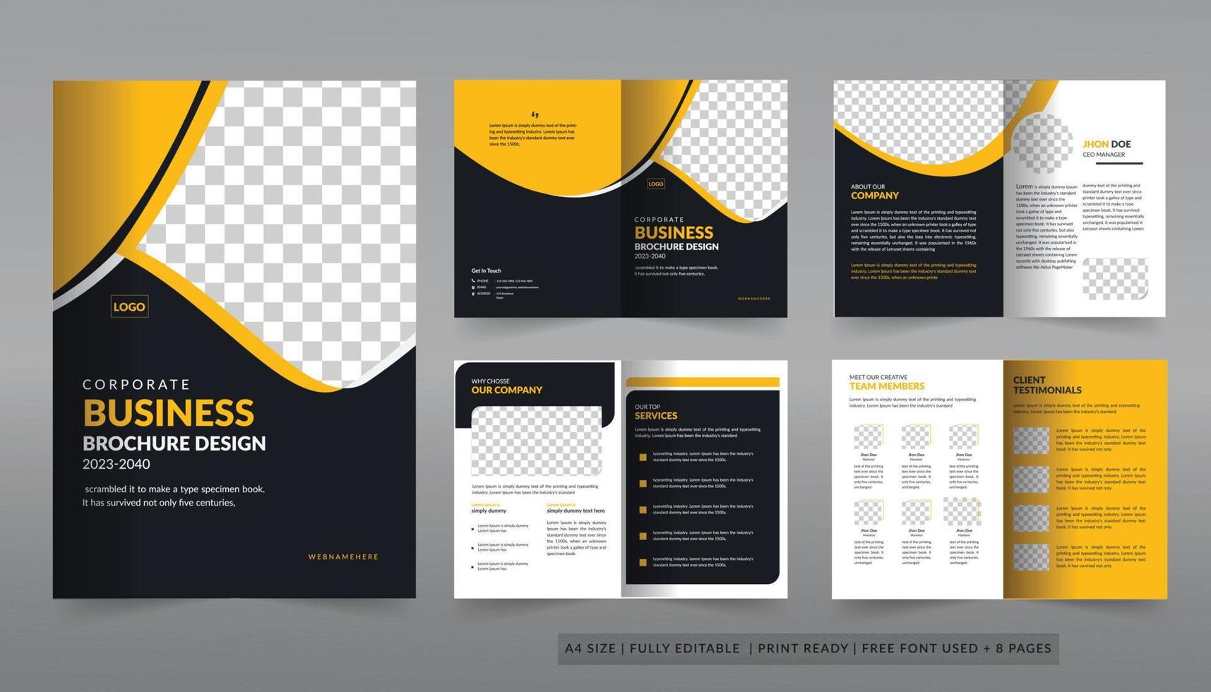 diseño de plantilla de folleto empresarial corporativo, formas amarillas, plantilla de perfil empresarial, informe anual, diseño de folleto profesional editable y creativo vector