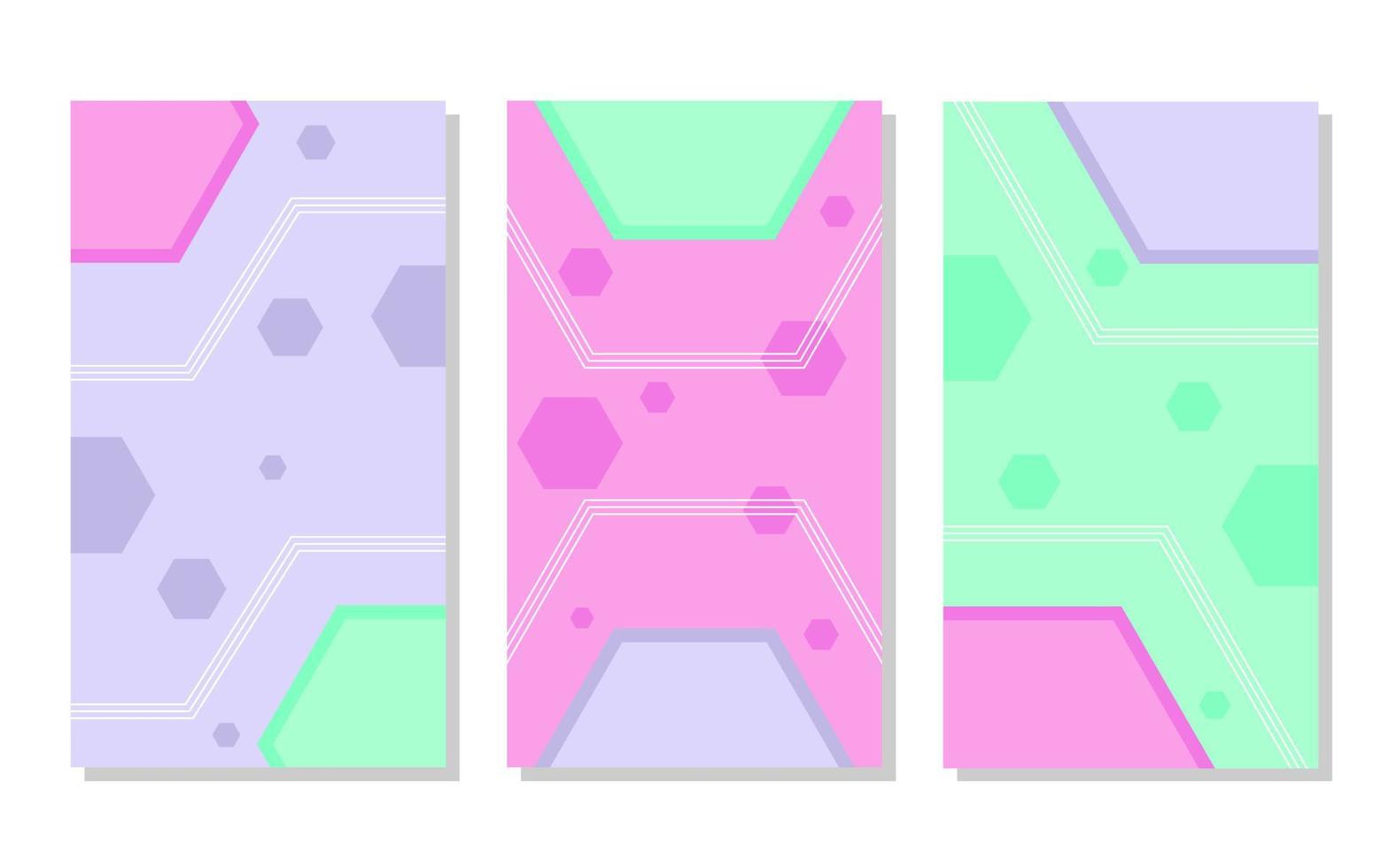 set of pink, purple and pastel green abstract portrait background with hexagon pattern and wavy lines. simple, flat and colorful. used for wallpaper, backdrop, social media stories and poster vector