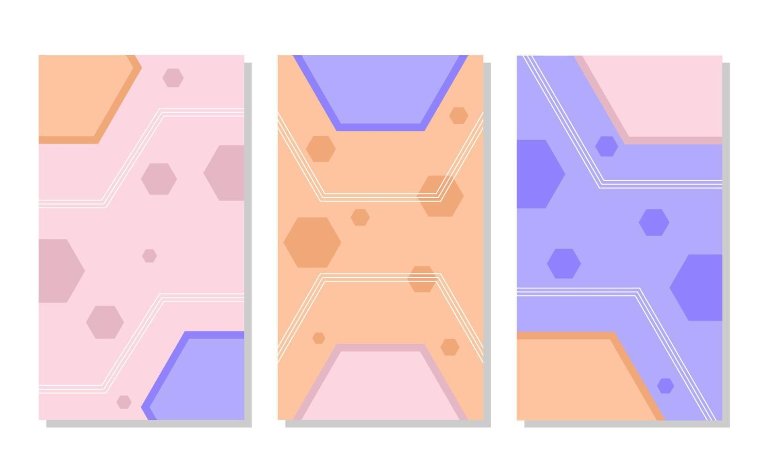 set of orange, pink and blue abstract portrait background with hexagon pattern and wavy lines. simple, flat and colorful. used for wallpaper, backdrop, social media stories and poster vector