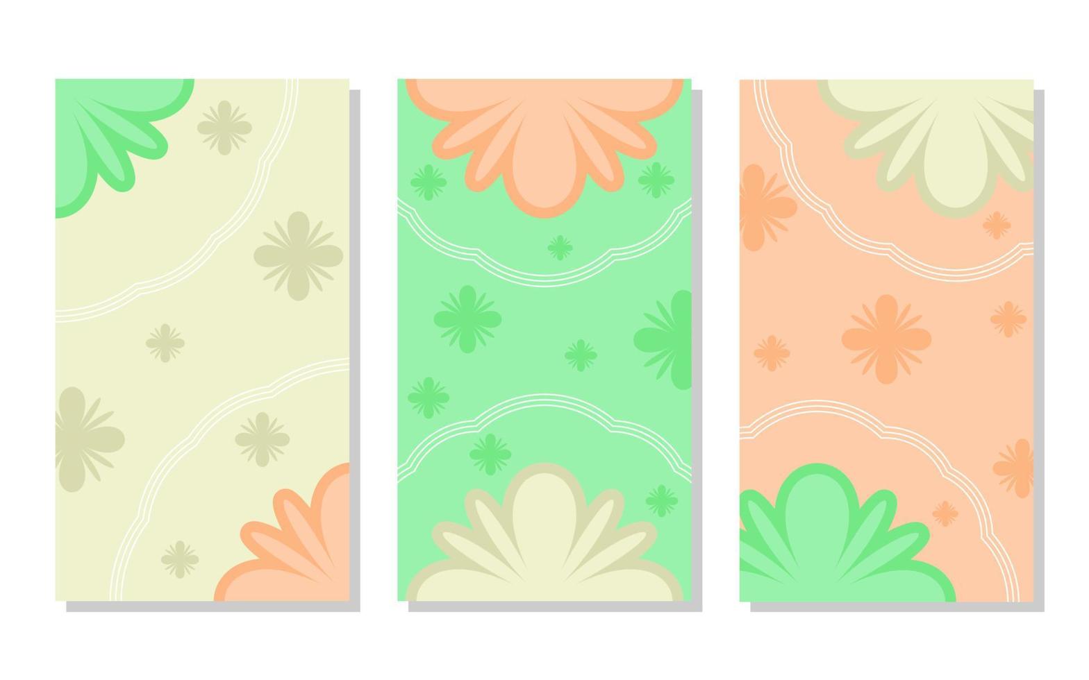 set of green, grey and orange abstract portrait background with flower pattern and lines. simple, flat and colorful. used for wallpaper, backdrop, social media stories and poster vector