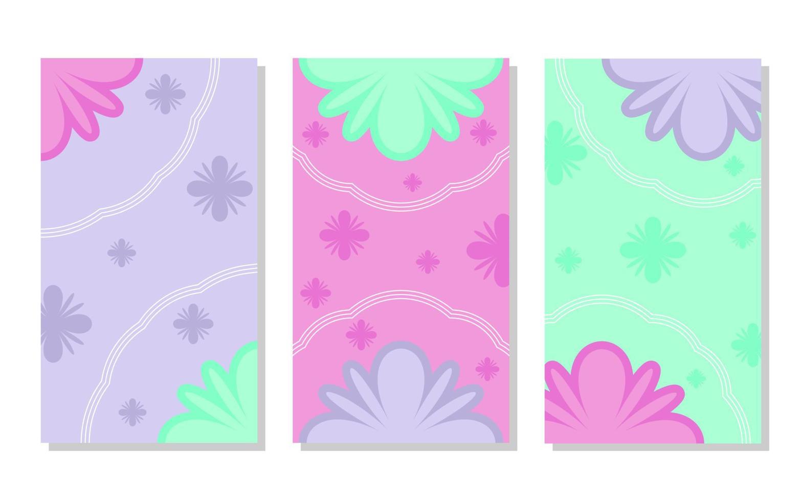 set of pink, purple and pastel green abstract portrait background with flower pattern and lines. simple, flat and colorful. used for wallpaper, backdrop, social media stories and poster vector