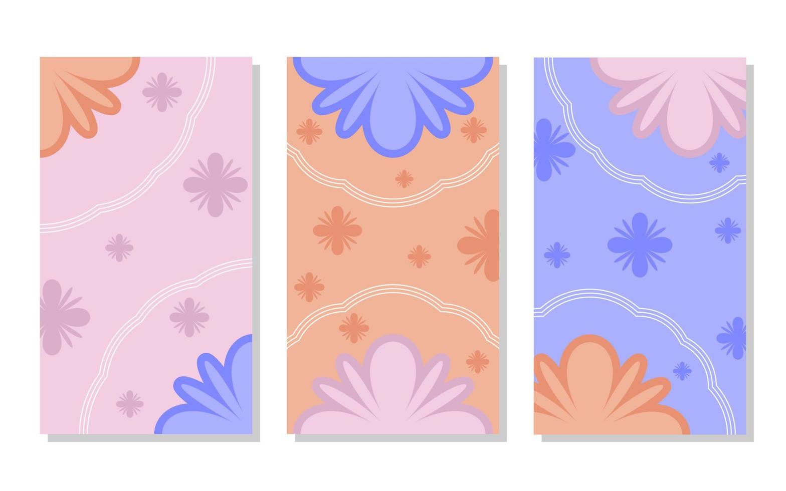 set of red, pink and blue abstract portrait background with flower pattern and lines. simple, flat and colorful. used for wallpaper, backdrop, social media stories and poster vector