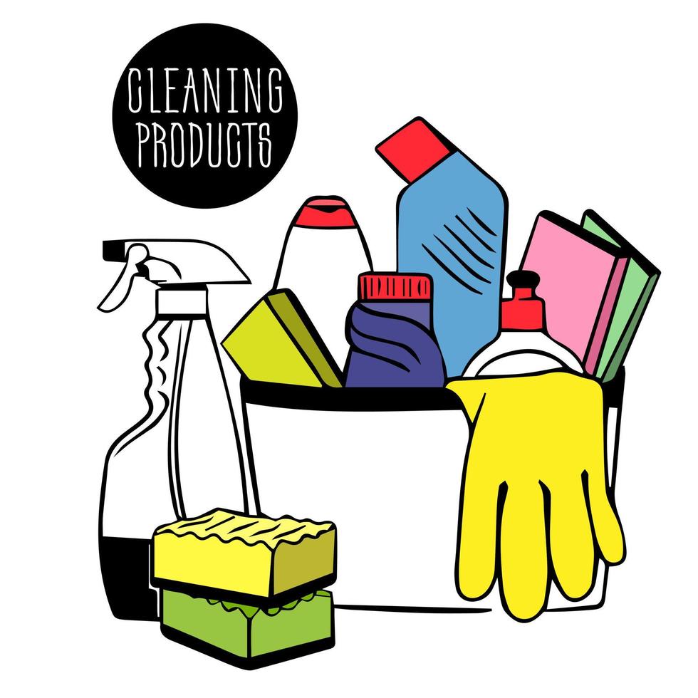 cleaning box with cleaning products, items - bottles, cleaning spray, sanitary chemicals, gloves, disinfectants, sponge, brush for cleaning the house, office. Home chemical detergent vector