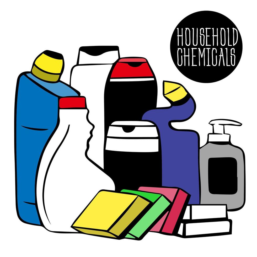 Sketch household chemicals set. Collection of cleaning products. illustration of toilet cleaning products, at home. tools, sponge, washcloth for cleaning and household chemicals vector