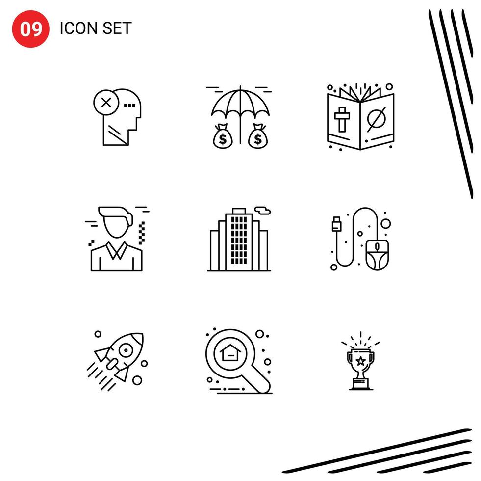 símbolos de iconos universales grupo de 9 esquemas modernos de oficina negocios seguros religión cristo elementos de diseño vectorial editables vector