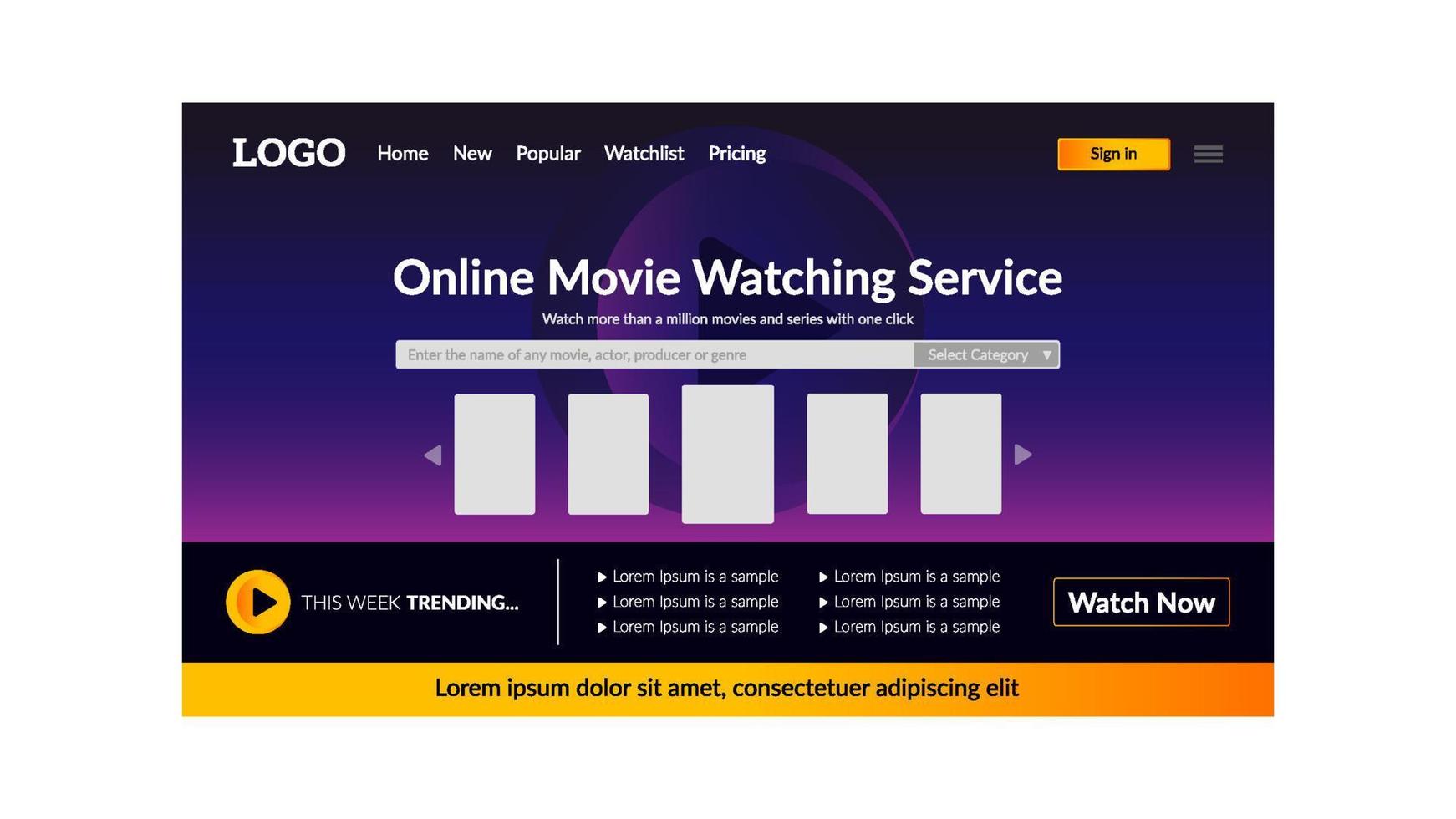 Film streaming service landing page template vector