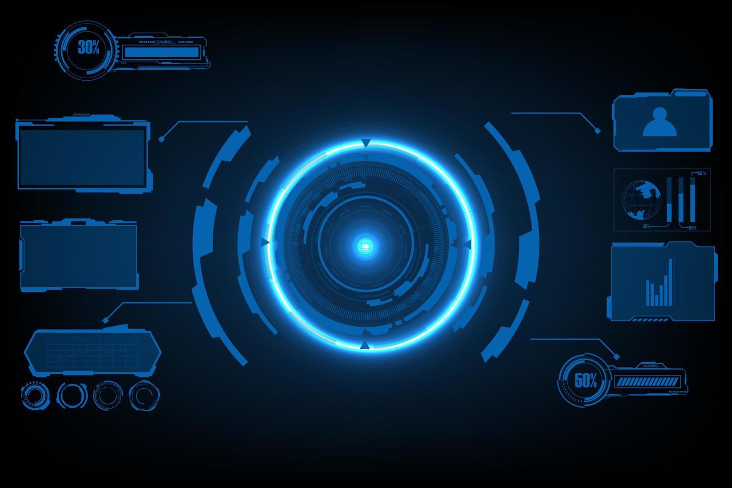 digital interface HUD elements set pack. User Interface, frame screens. Callouts titles, FUI circle set, Loading bars. Dashboard reality technology screen. Vector