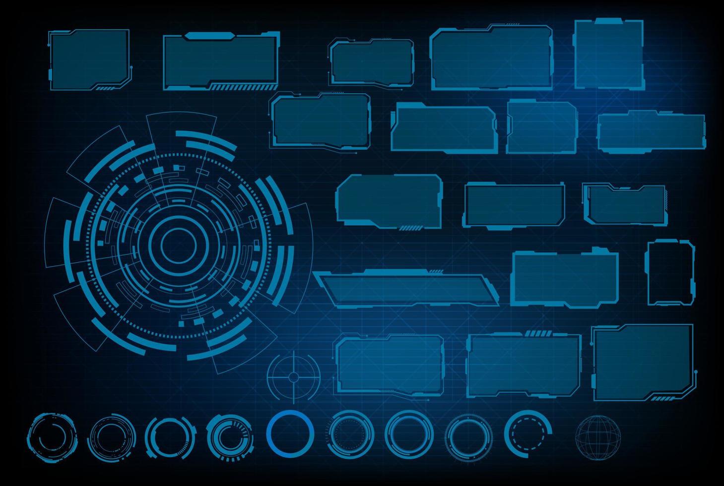 digital interface HUD elements set pack. User Interface, frame screens. Callouts titles, FUI circle set, Loading bars. Dashboard reality technology screen. Vector