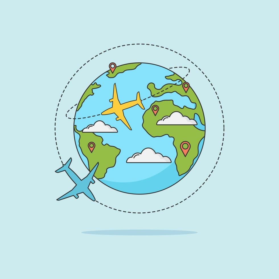 Plane and globe. Aircraft flying around Earth planet with continents and oceans. Flat vector illustration. Flight plane, world travel air