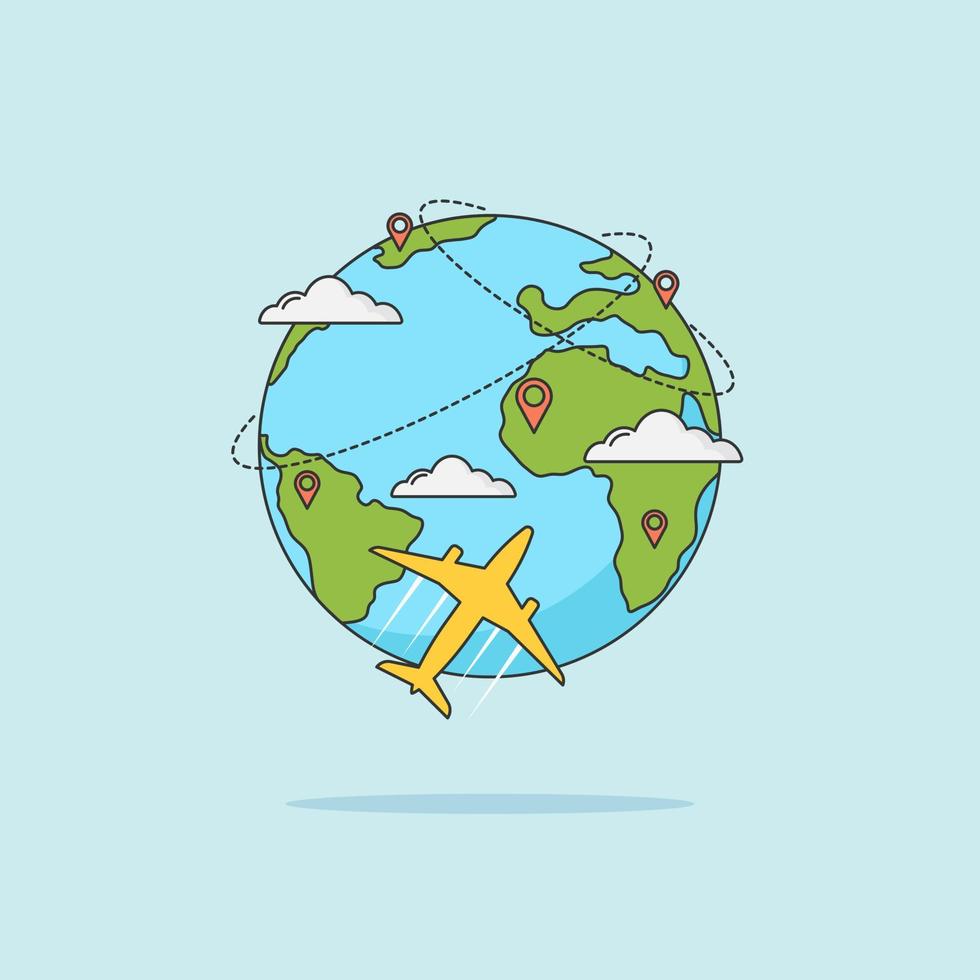 Airplane vector earth world globe icon. Plane flying round travel concept.