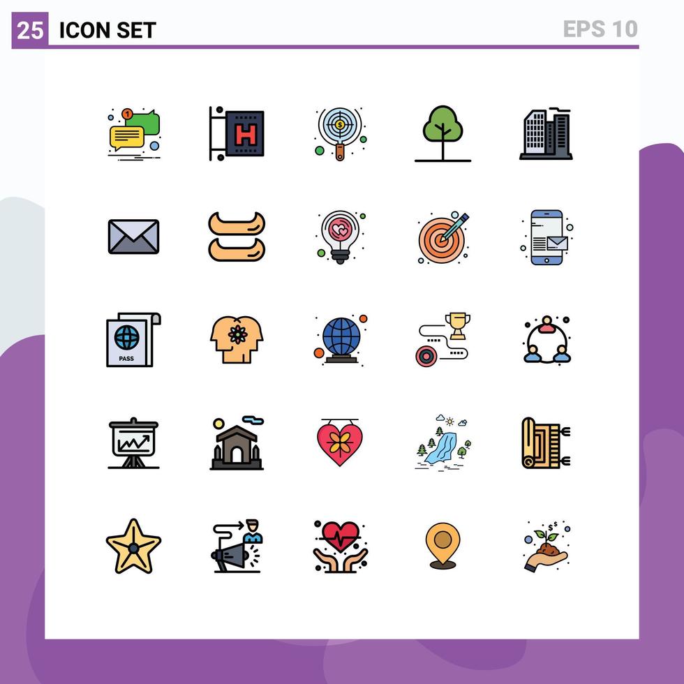 25 símbolos de signos de color plano de línea rellena universal de elementos de diseño de vector editables de árbol de naturaleza seo de construcción real