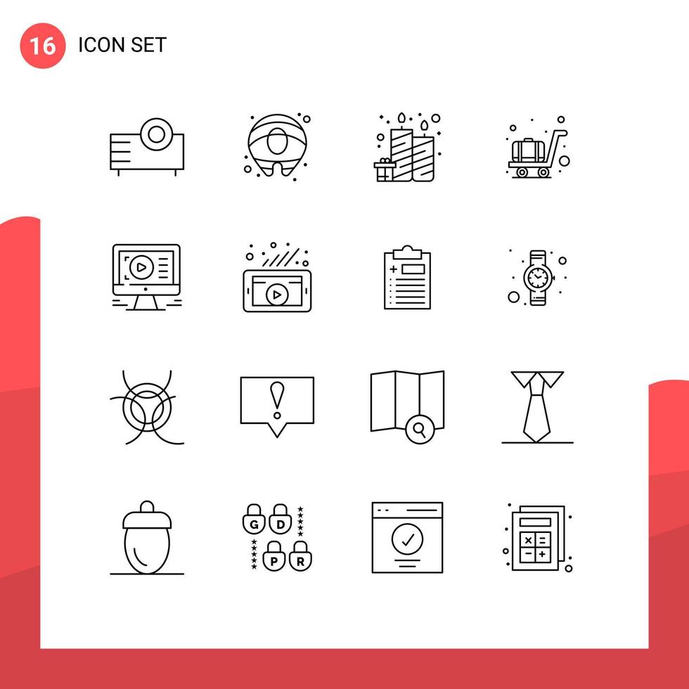 Set of 16 Modern UI Icons Symbols Signs for video monitor birthday trolley airport Editable Vector Design Elements