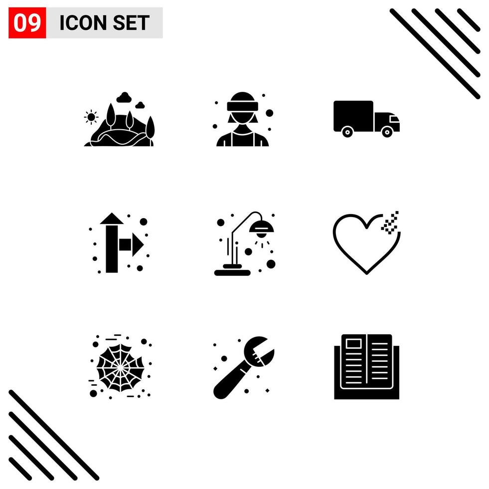 Modern Set of 9 Solid Glyphs Pictograph of desk lamp right up vr glasses pointer truck Editable Vector Design Elements
