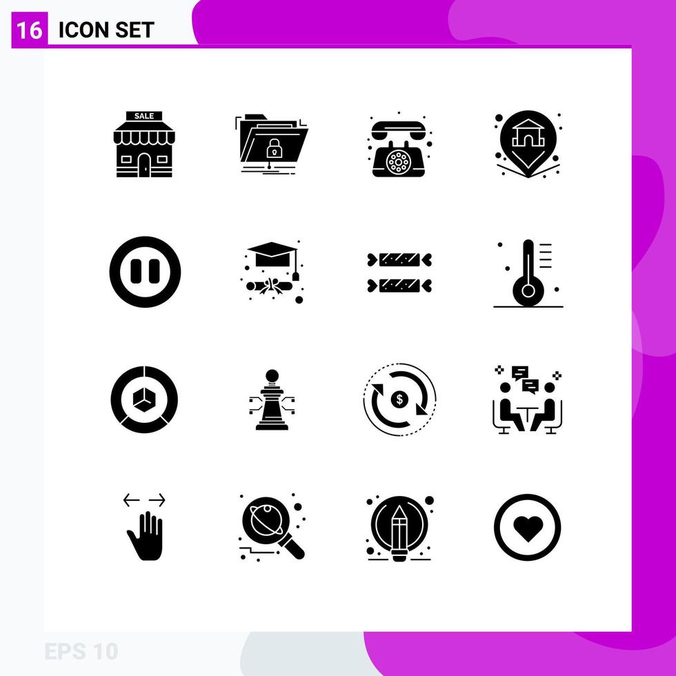 Solid Glyph Pack of 16 Universal Symbols of controls property secure pin call Editable Vector Design Elements