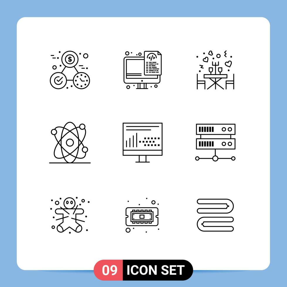 paquete de 9 signos y símbolos de contornos modernos para medios de impresión web, como elementos de diseño de vectores editables de átomo de ciencia de cena de codificación de desarrollo