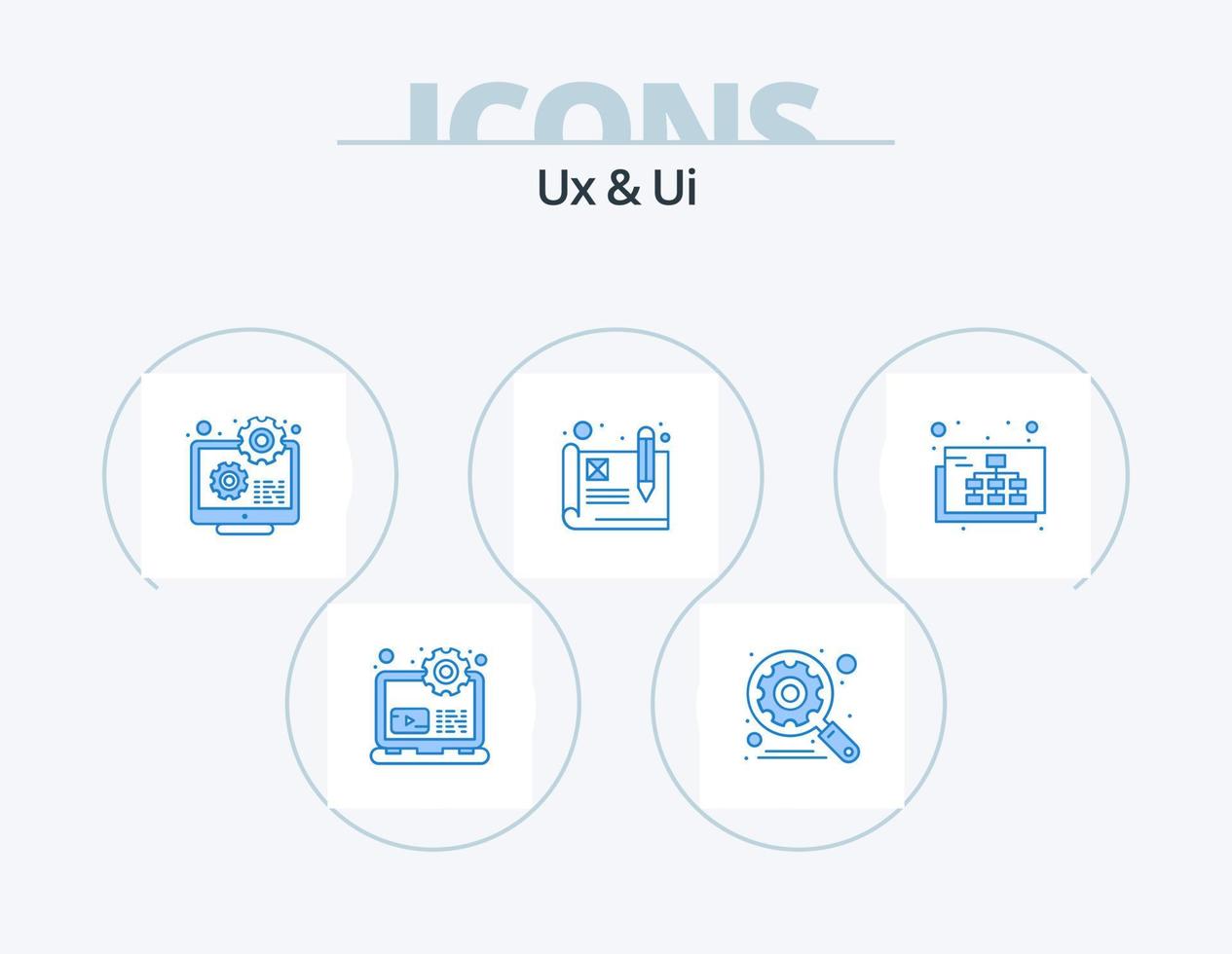 Ux And Ui Blue Icon Pack 5 Icon Design. site. wireframe. configuration. usability. development vector