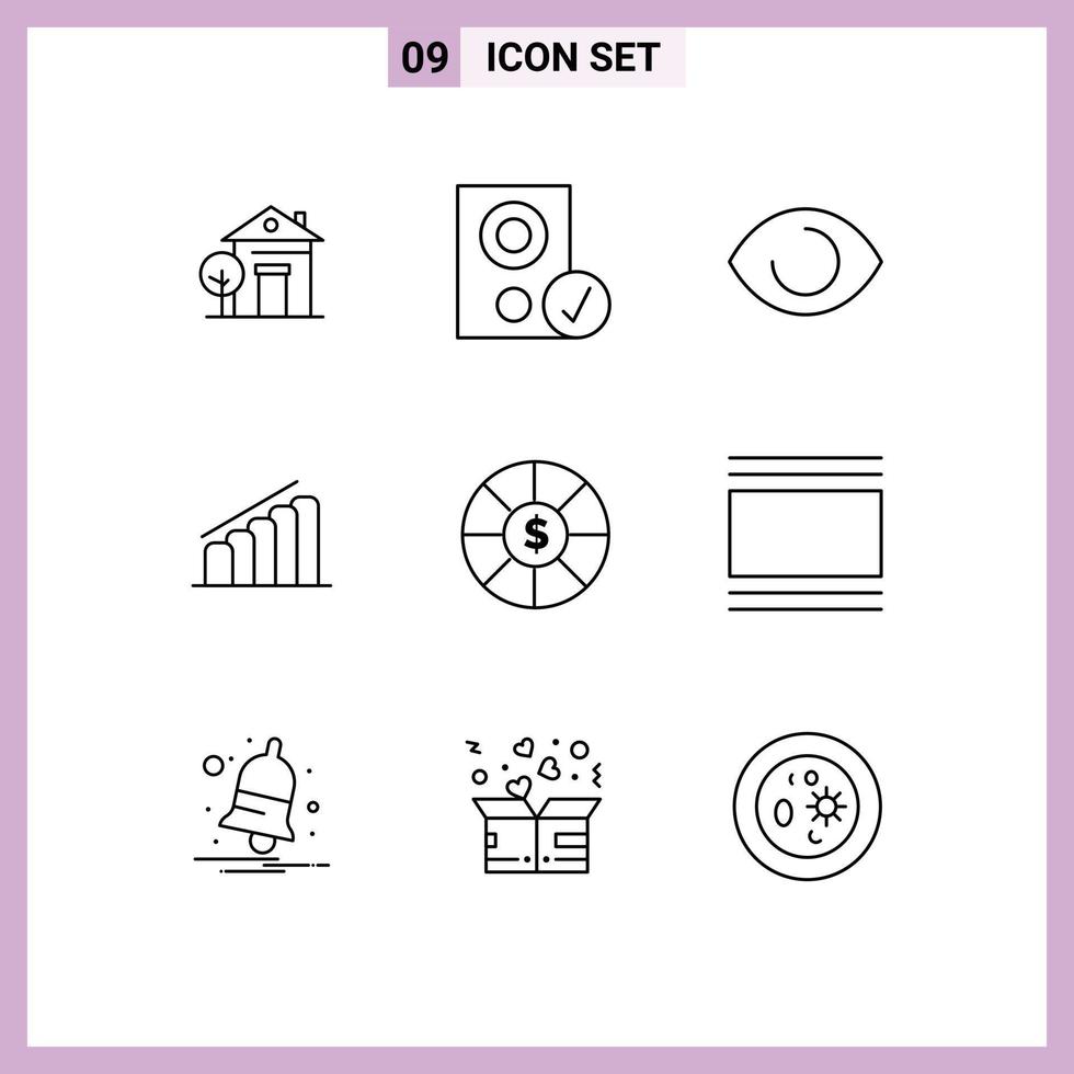 9 User Interface Outline Pack of modern Signs and Symbols of coin report speaker progress vision Editable Vector Design Elements
