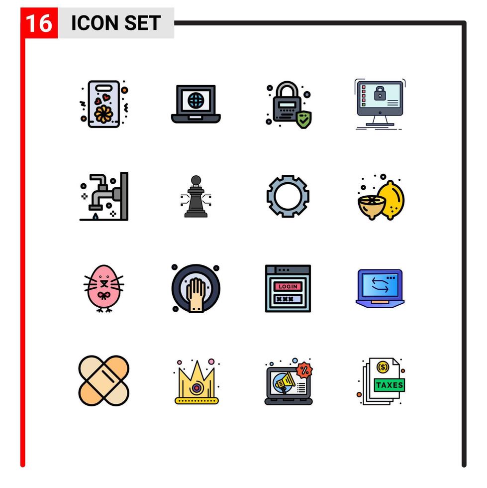 Pack of 16 Modern Flat Color Filled Lines Signs and Symbols for Web Print Media such as bathroom data lock system protection Editable Creative Vector Design Elements