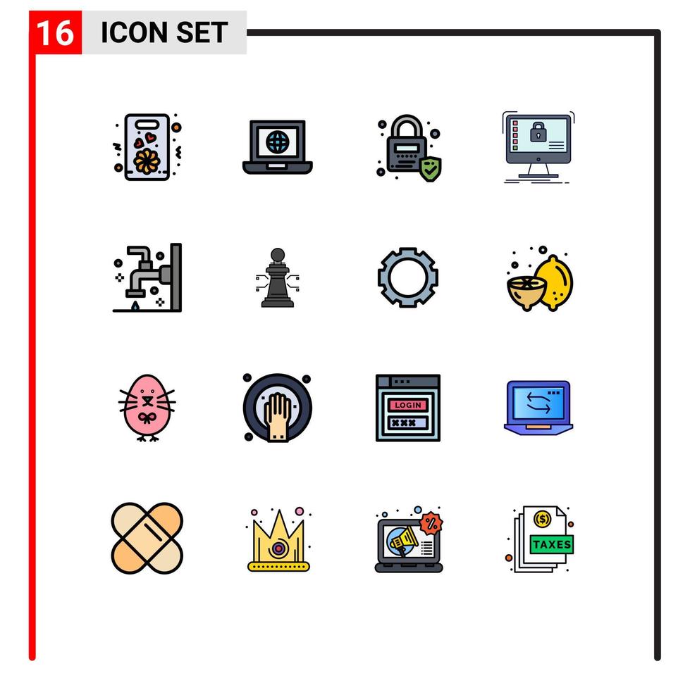 paquete de 16 signos y símbolos modernos de líneas rellenas de color plano para medios de impresión web, como la protección del sistema de bloqueo de datos del baño, elementos de diseño de vectores creativos editables