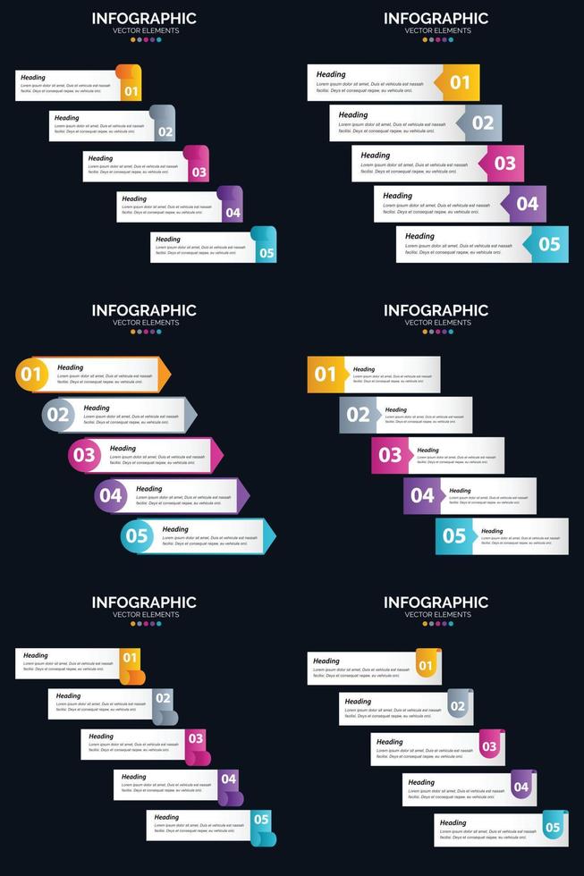 plantilla de diapositiva de presentación del paquete de infografías vectoriales 6 diagramas de ciclo de 5 pasos y líneas de tiempo vector