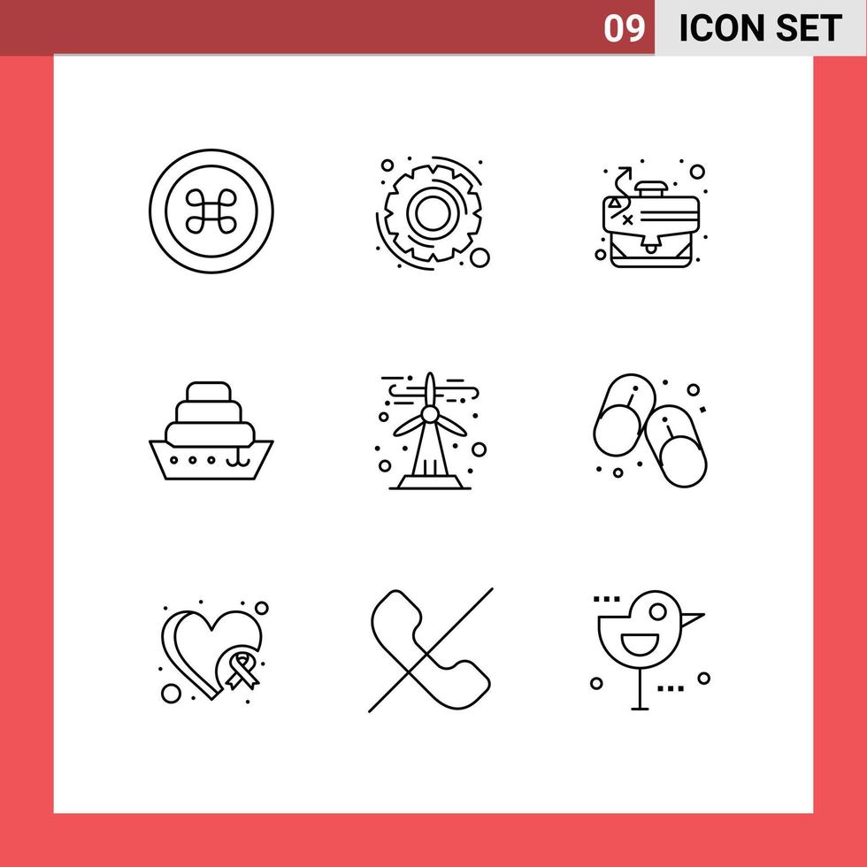 Universal Icon Symbols Group of 9 Modern Outlines of flip flops renewable tactics green energy vessel Editable Vector Design Elements