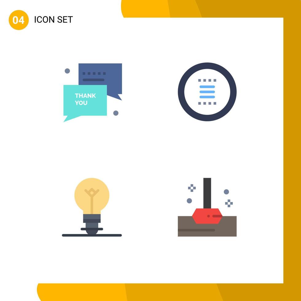 símbolos de iconos universales grupo de 4 iconos planos modernos de elementos de diseño de vectores editables de luz de hamburguesa sms de bombilla de agradecimiento