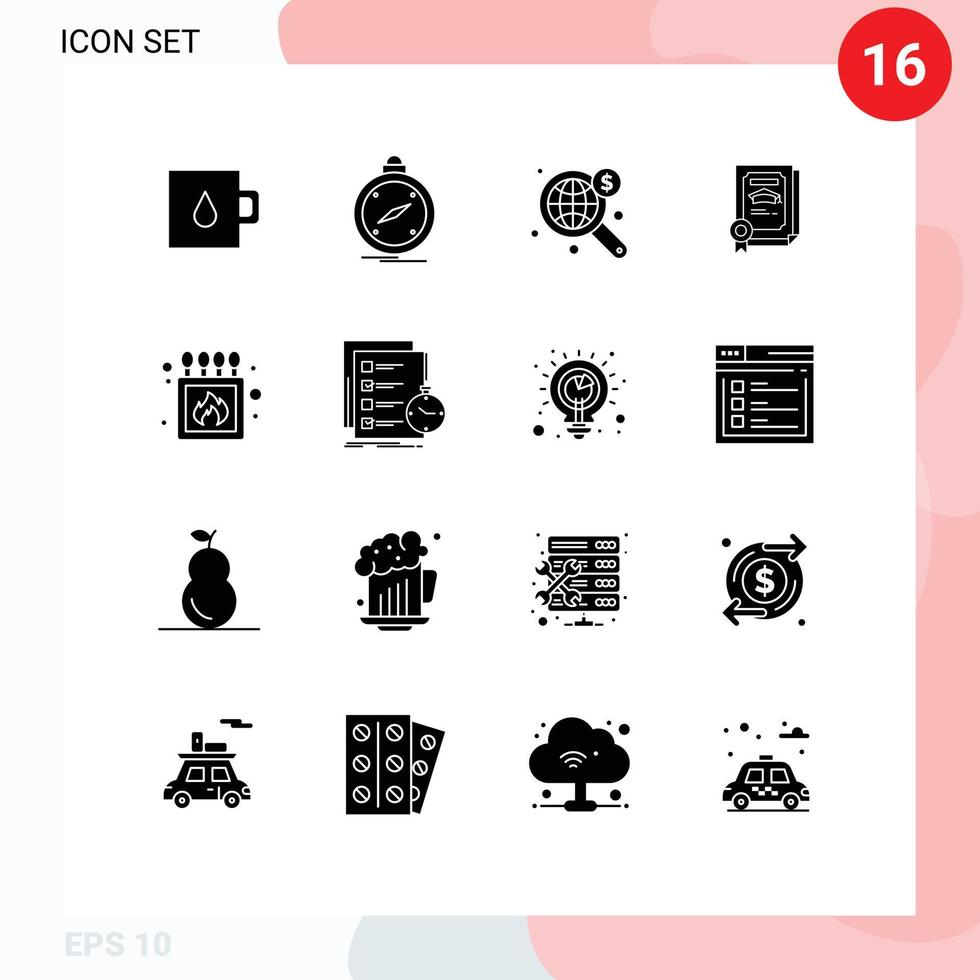 Set of 16 Commercial Solid Glyphs pack for fire graduate search certificate degree Editable Vector Design Elements