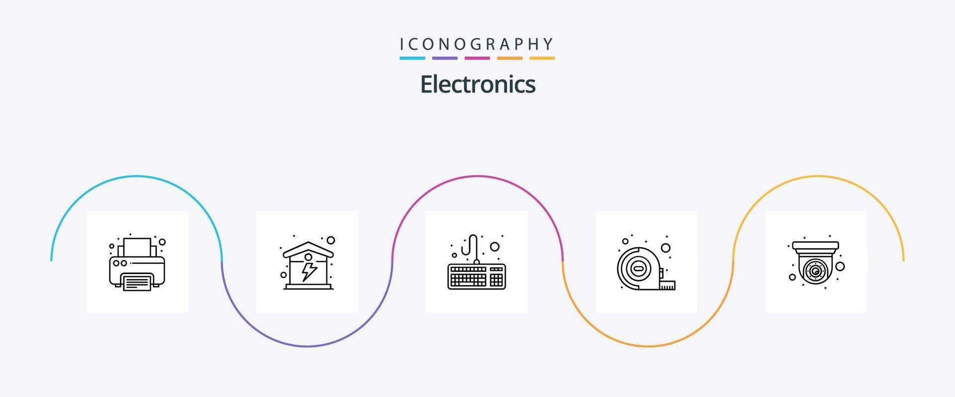 Electronics Line 5 Icon Pack Including security camera. cctv. computer. camera. tape vector