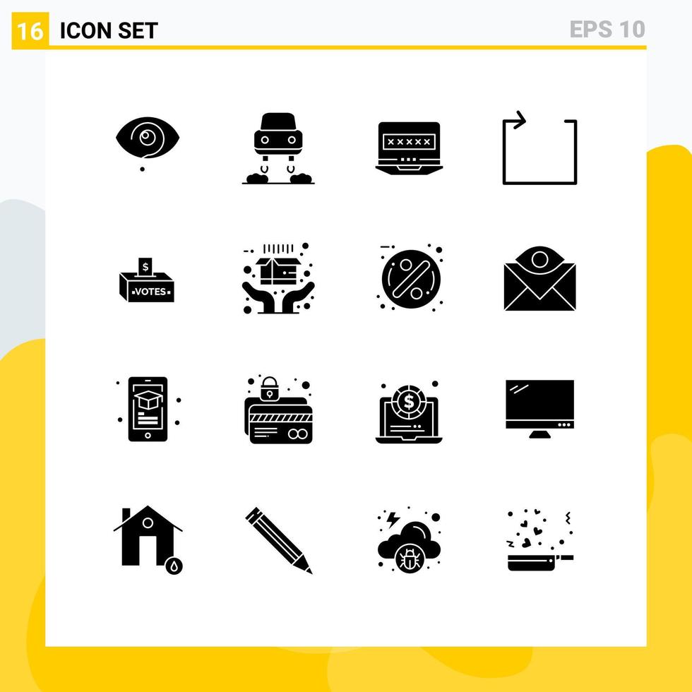 Group of 16 Solid Glyphs Signs and Symbols for election bribe laptop repeat arrow Editable Vector Design Elements
