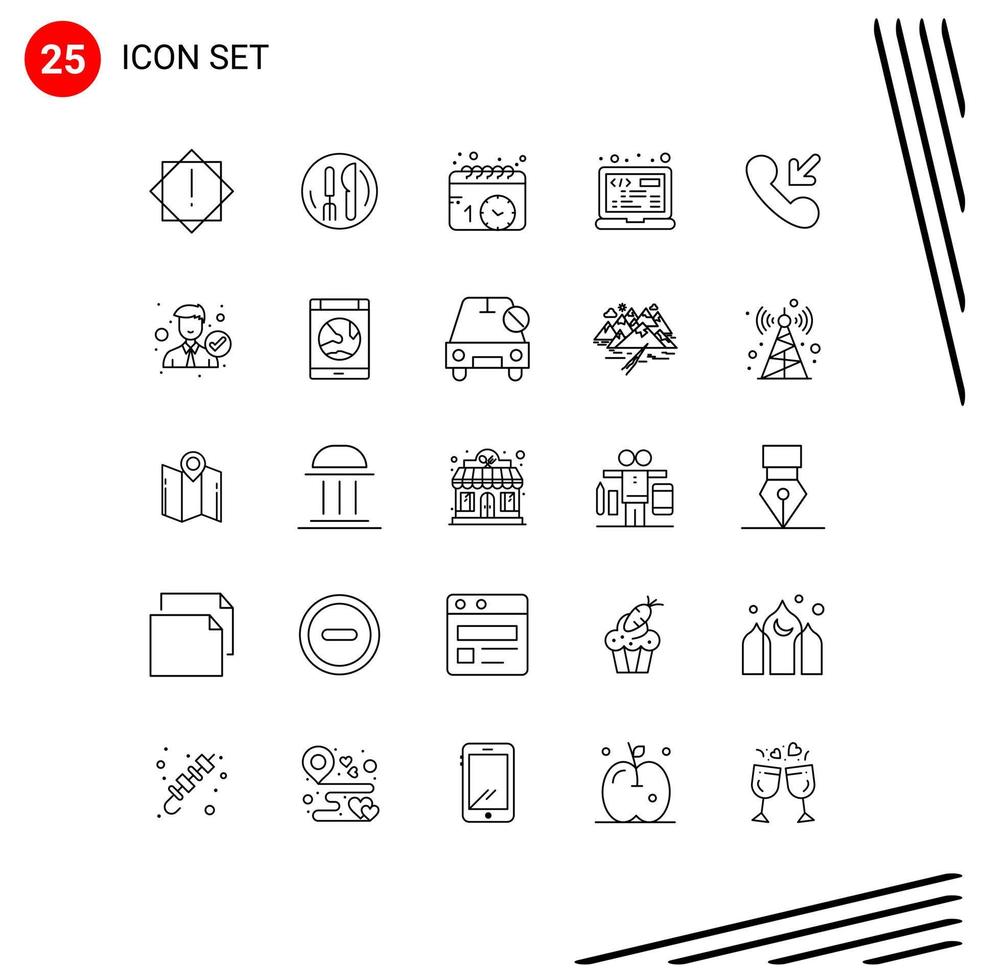 Universal Icon Symbols Group of 25 Modern Lines of incoming answer events html laptop Editable Vector Design Elements