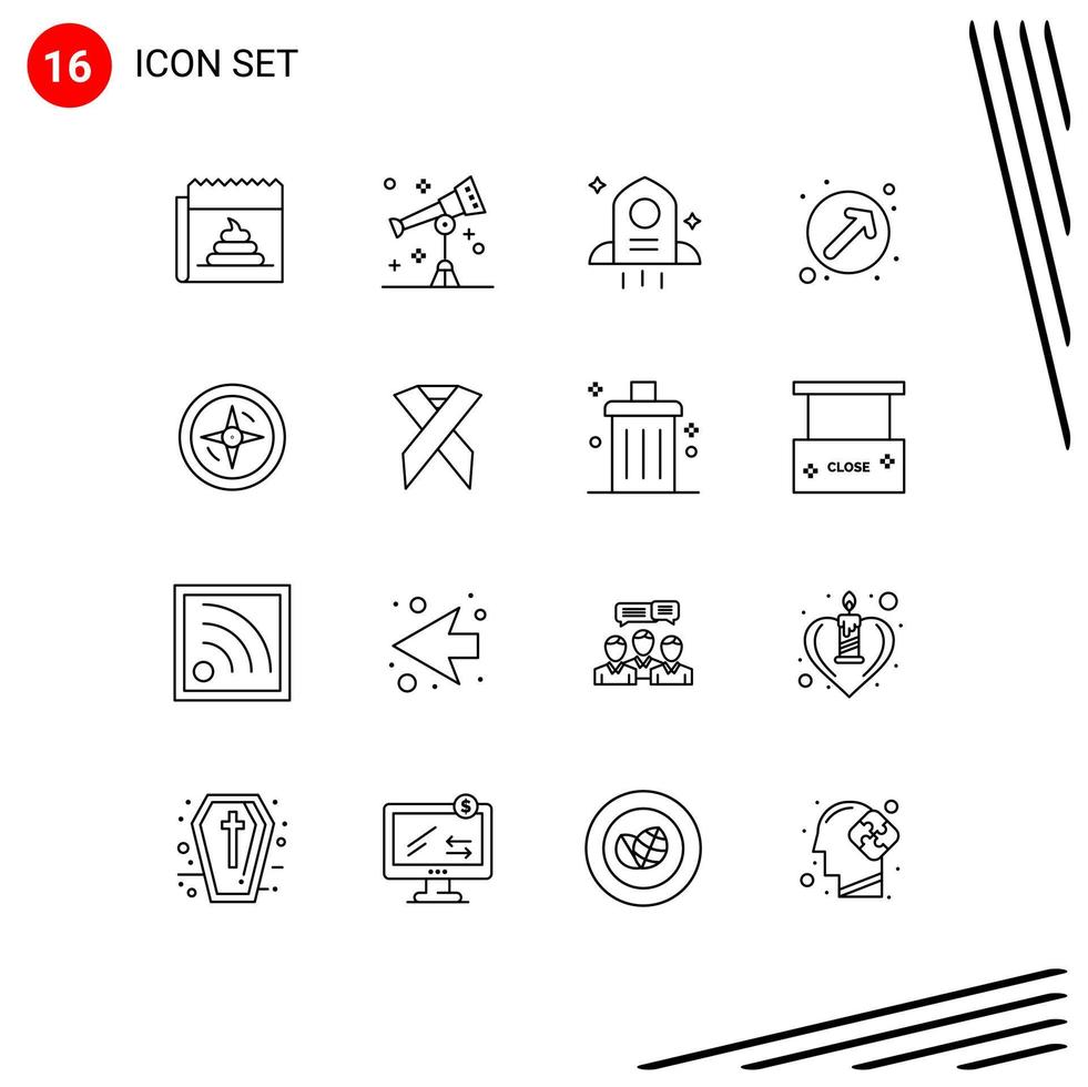 Pack of 16 Modern Outlines Signs and Symbols for Web Print Media such as compass up right telescope pointer arrow Editable Vector Design Elements
