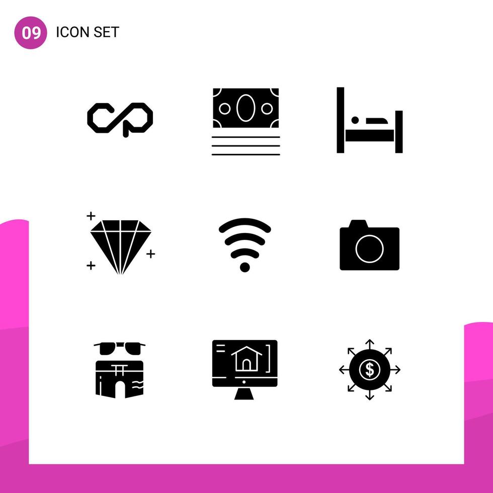 Set of 9 Modern UI Icons Symbols Signs for signal wifi bed user diamond Editable Vector Design Elements