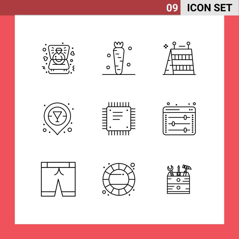 Universal Icon Symbols Group of 9 Modern Outlines of circuit board vodka vegetable liquor tools Editable Vector Design Elements